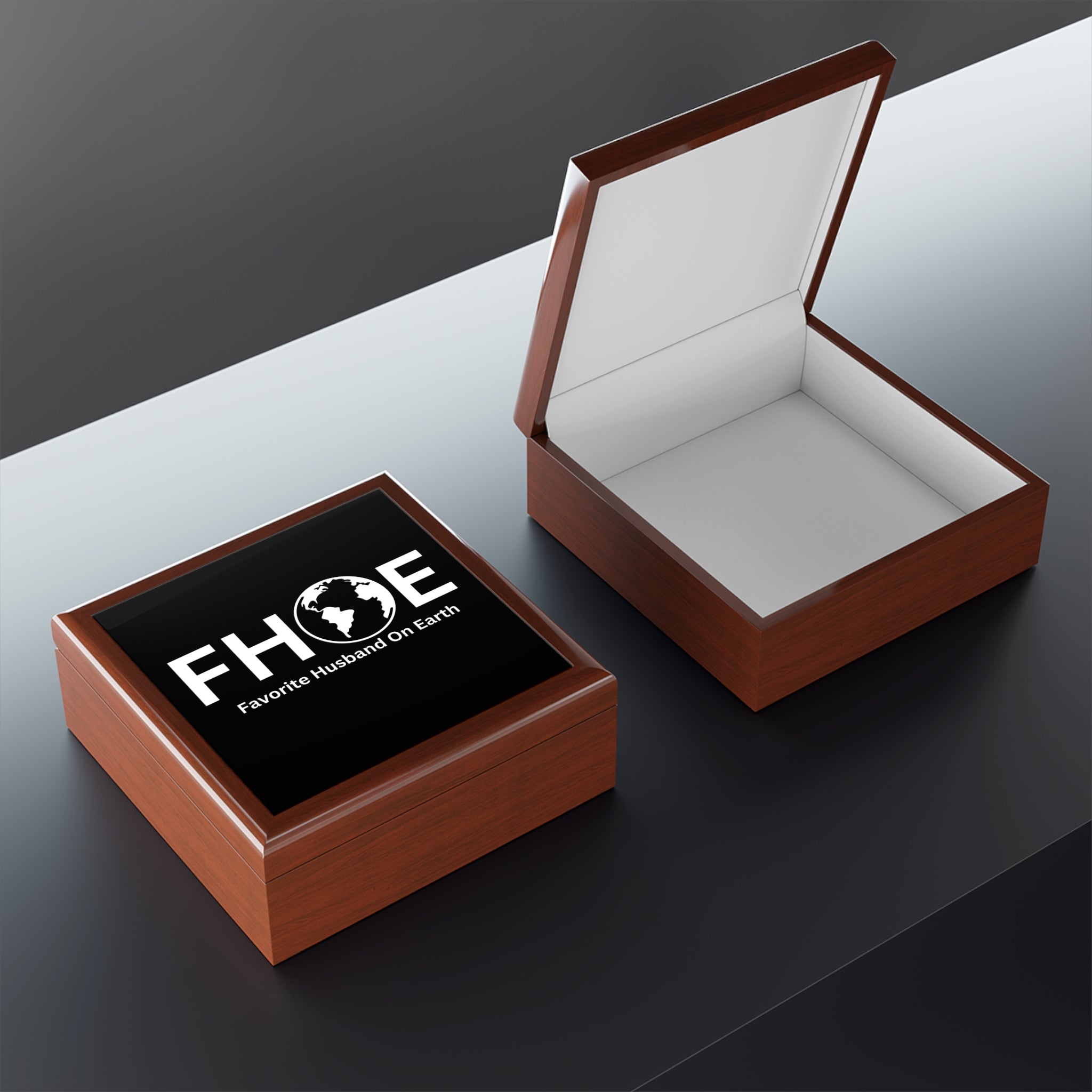 Favorite Husband on Earth (FHOE) Personalized Jewelry Box – Ebony Black, Golden Oak, or Red Mahogany