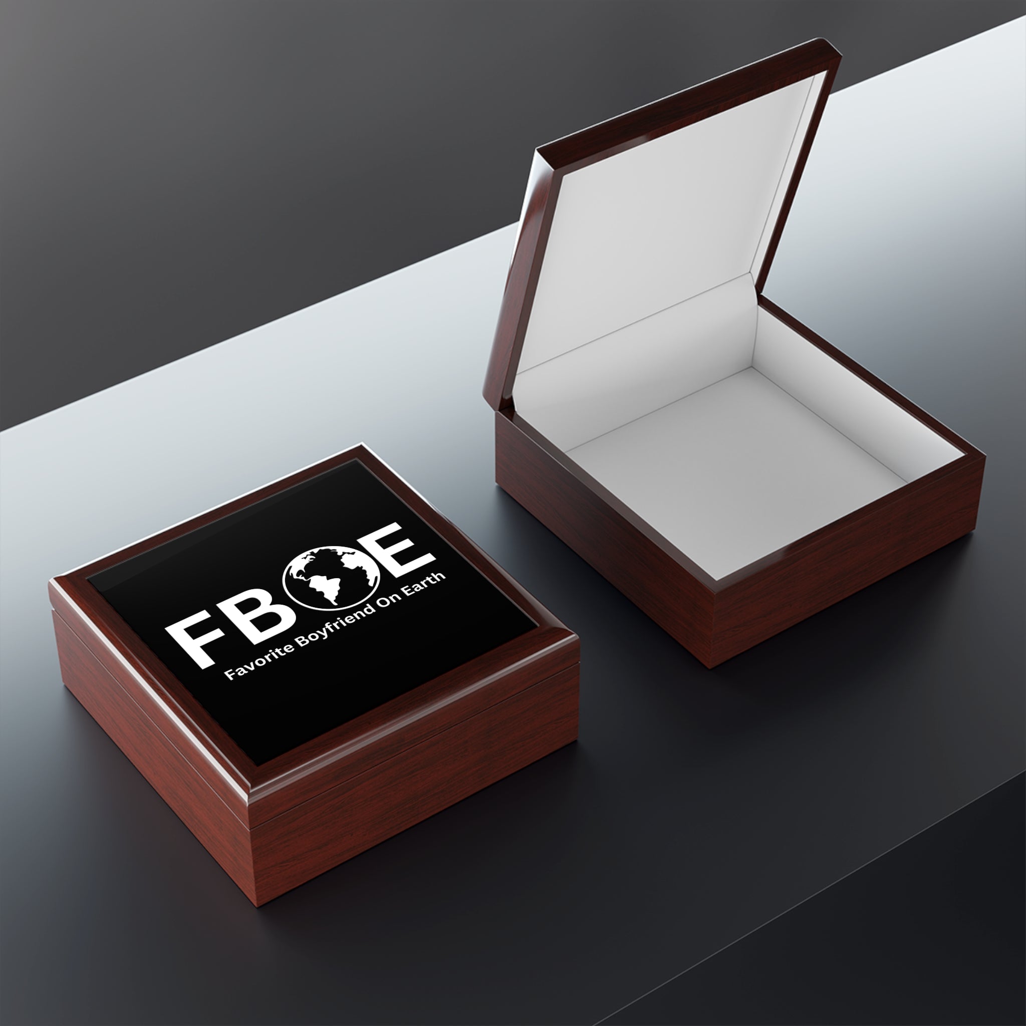 Favorite Boyfriend on Earth (FBOE) Personalized Jewelry Box – Ebony Black, Golden Oak, or Red Mahogany